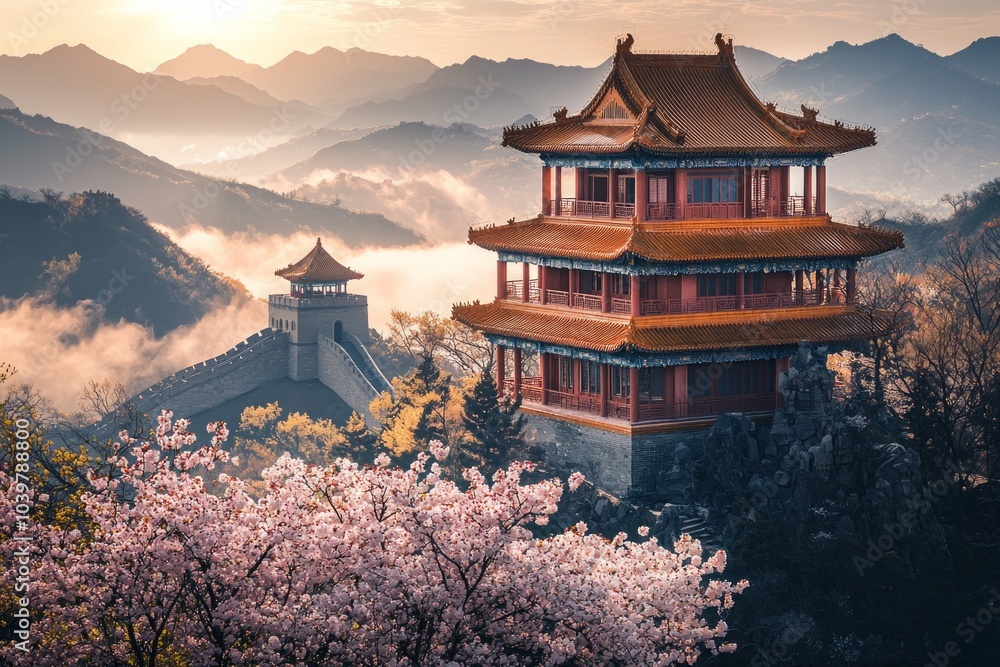 Obraz premium A Chinese-style building, located on the top of Mountains in China, with floors and golden roofs, during cherry blossom season. During a beautiful sunset, surrounded by sea of clouds