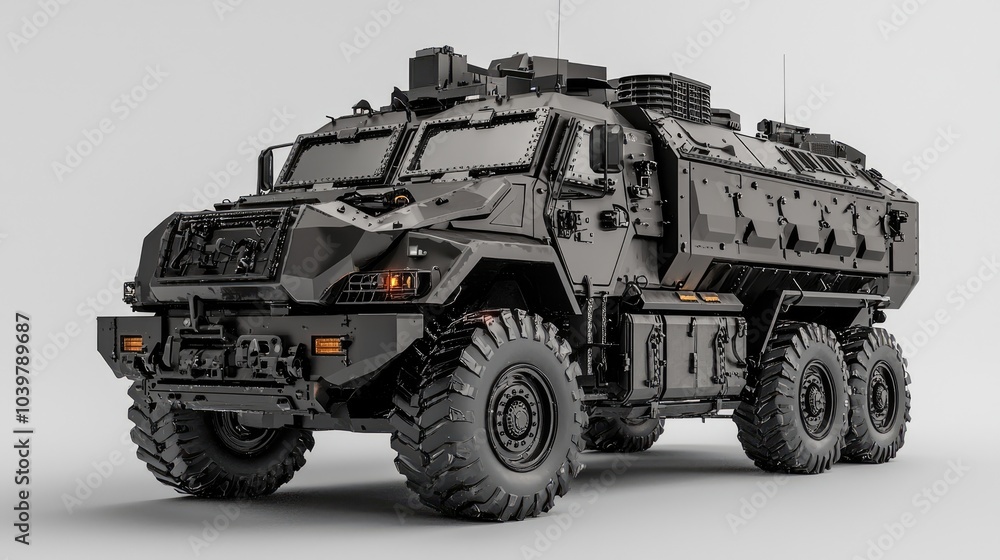 A black armored military vehicle with six wheels and a large front grille. A black armored military vehicle with six wheels and a large front grille.