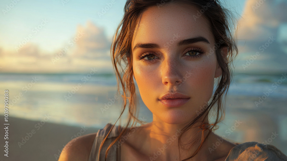 Woman with freckles looking at the camera on the beach at sunset Woman with freckles looking at the camera on the beach at sunset