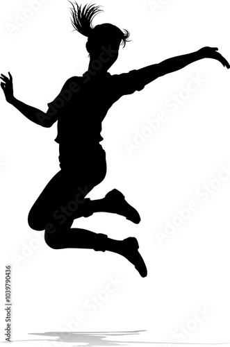 A happy woman jumping for joy in mid air silhouette person concept