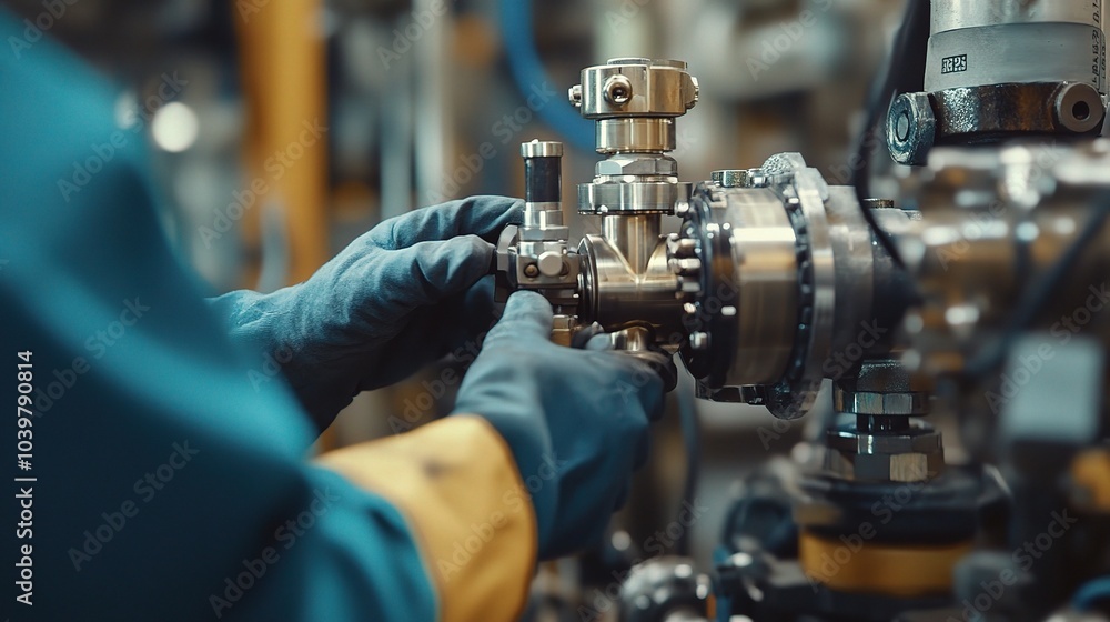 Worker Adjusting Industrial Equipment with Precision Worker Adjusting Industrial Equipment with Precision