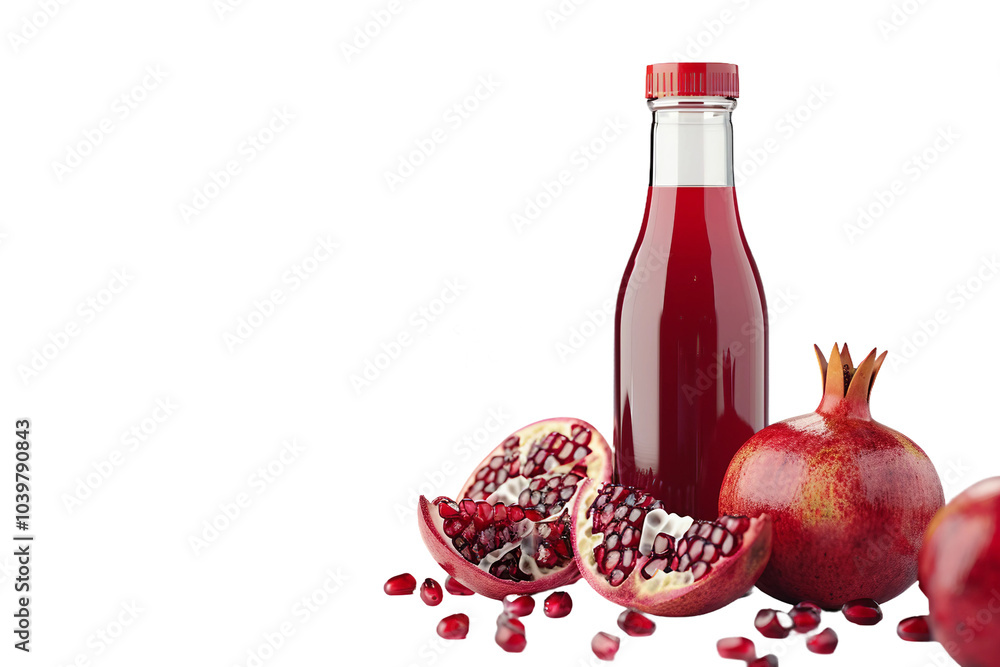 Refreshing Pomegranate Juice in a Classic Glass Bottle Isolated on Transparent Background Refreshing Pomegranate Juice in a Classic Glass Bottle Isolated on Transparent Background