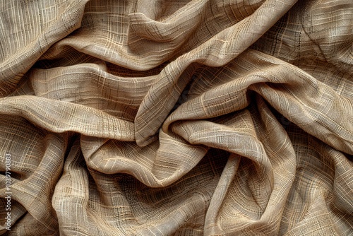 Wrinkled beige linen fabric with textured pattern