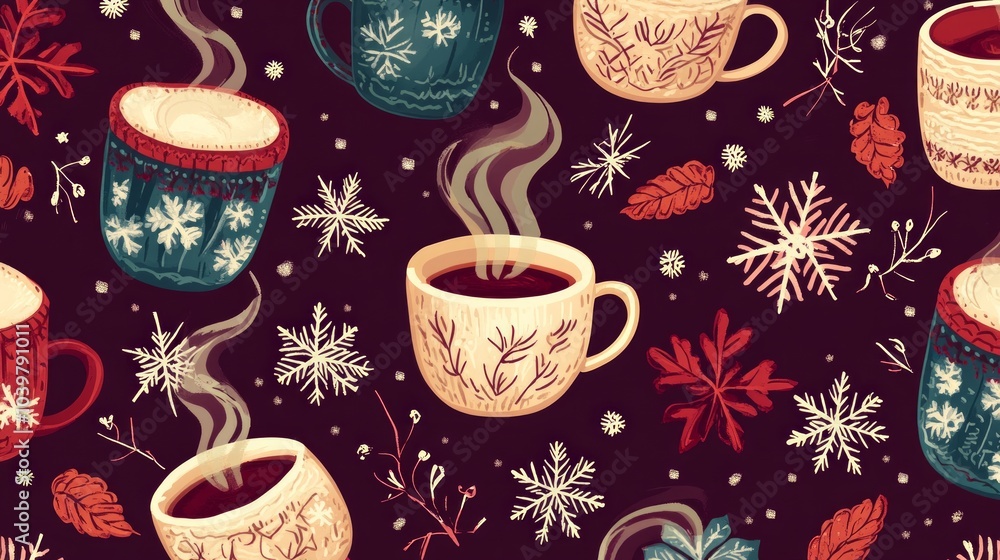 Cozy winter hot cocoa pattern with snowflakes and steaming mugs for seasonal design Cozy winter hot cocoa pattern with snowflakes and steaming mugs for seasonal design