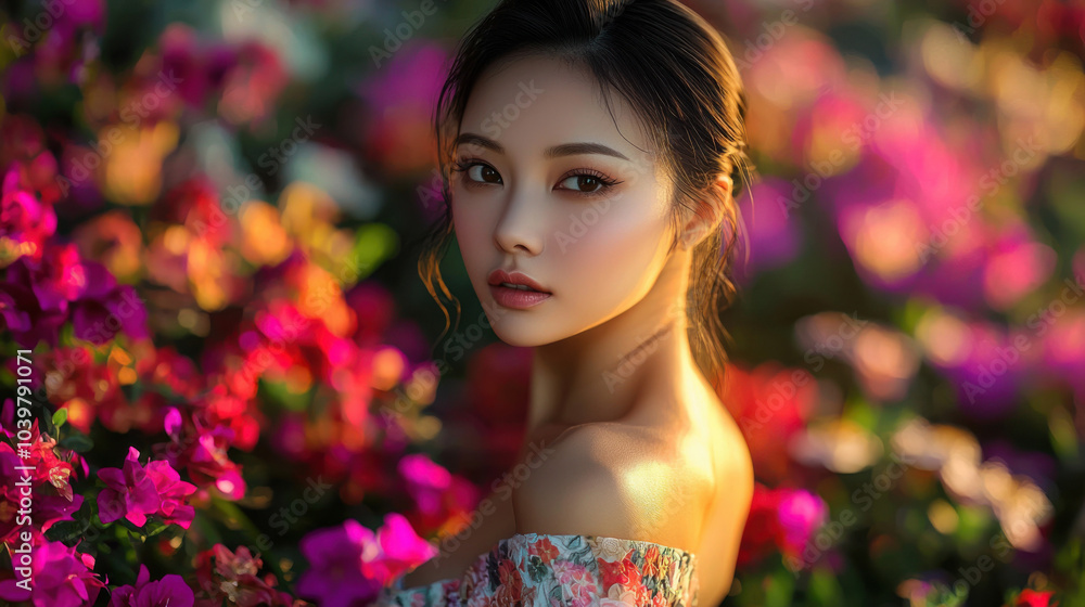 Beautiful Woman in a Floral Dress in a Garden Beautiful Woman in a Floral Dress in a Garden