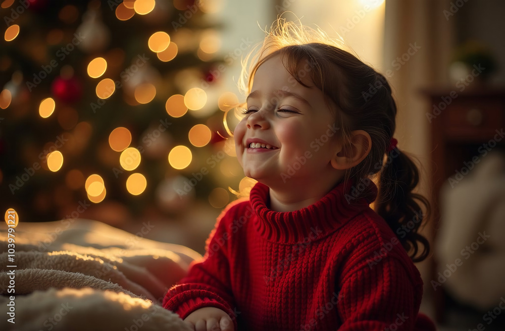 Adorable little girl in red sweater at home near christmas tree Adorable little girl in red sweater at home near christmas tree