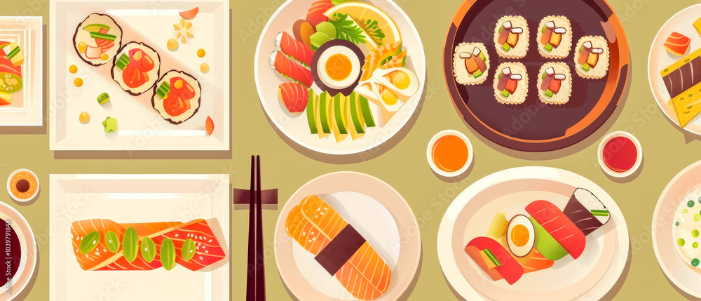 A table full of food with a variety of sushi and other Asian dishes A table full of food with a variety of sushi and other Asian dishes