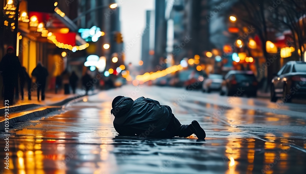 Obraz premium A man who fell on a slippery road in winter, in cold weather and in an urban environment
