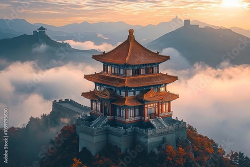 A Chinese-style building, located on the top of Mountains in China, with floors and golden roofs, during cherry blossom season. During a beautiful sunset, surrounded by sea of clouds
