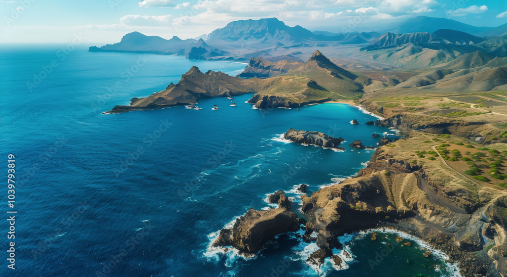 Aerial view of dramatic coastal landscape with turquoise bays and mountains
Aerial view of dramatic coastal landscape with turquoise bays and mountains