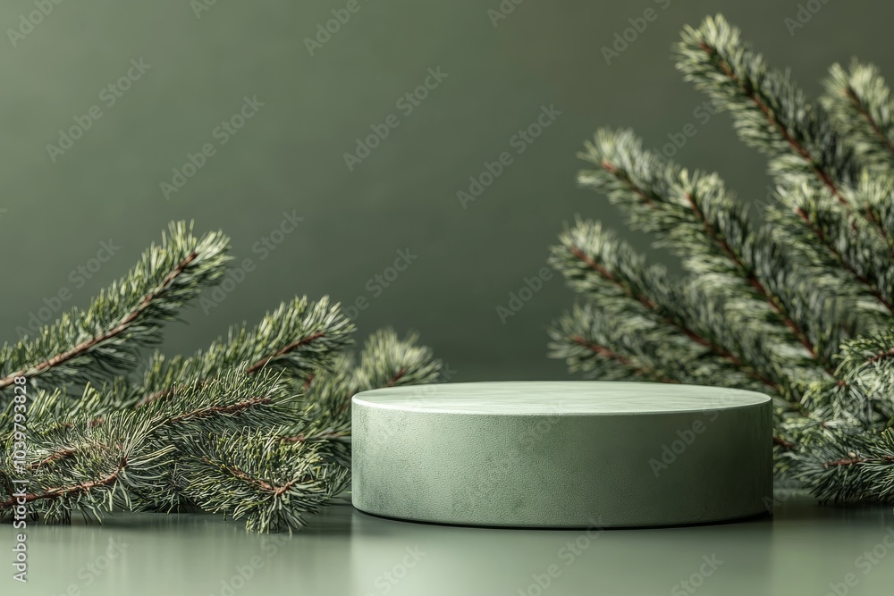 Christmas 3D podium with a Christmas tree and a garland on a green background. Christmas card with space for text. Wallpaper for the New Year's mood. Christmas 3D podium with a Christmas tree and a garland on a green background. Christmas card with space for text. Wallpaper for the New Year's mood.
