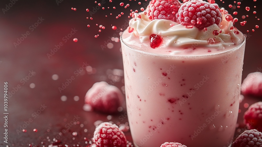 A refreshing raspberry smoothie topped with whipped cream and fresh raspberries. A refreshing raspberry smoothie topped with whipped cream and fresh raspberries.