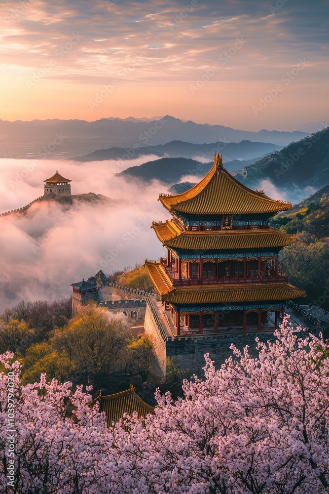 A Chinese-style building, located on the top of Mountains in China, with floors and golden roofs, during cherry blossom season. During a beautiful sunset, surrounded by sea of clouds A Chinese-style building, located on the top of Mountains in China, with floors and golden roofs, during cherry blossom season. During a beautiful sunset, surrounded by sea of clouds