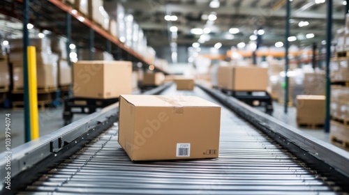 Cardboard boxes on conveyor belt in warehouse