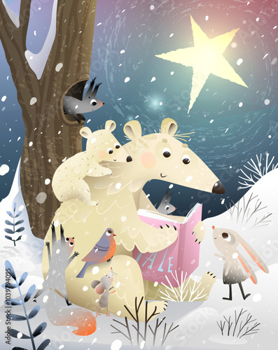 Polar bear mother reading book to baby cubs and other animals under stars at Christmas night. Winter nature and animals school in snowy forest. Vector cartoon illustration for children education.