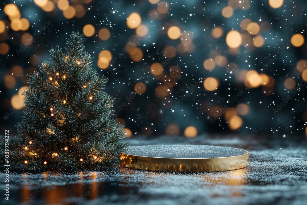 Christmas 3D podium with a Christmas tree and a garland on a green background. Christmas card with space for text. Wallpaper for the New Year's mood. Christmas 3D podium with a Christmas tree and a garland on a green background. Christmas card with space for text. Wallpaper for the New Year's mood.