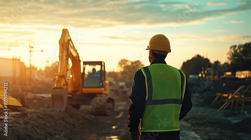 Construction Worker Overseeing Project at Sunset