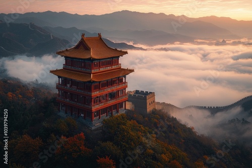Wallpaper Mural A Chinese-style building, located on the top of Mountains in China, with floors and golden roofs, during autumn season with autumn foliage. During a beautiful sunset, surrounded by sea of clouds. Torontodigital.ca