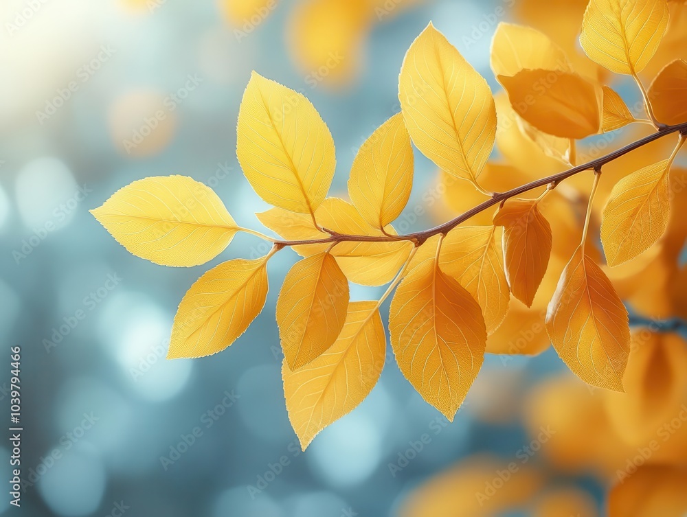 close-up of vivid yellow leaves against a softly blurred white and blue autumn background. the composition captures the essence of autumn, radiating warmth and change in nature's palette close-up of vivid yellow leaves against a softly blurred white and blue autumn background. the composition captures the essence of autumn, radiating warmth and change in nature's palette
