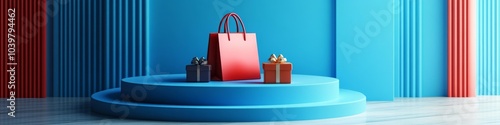 Blue 3D podium with Christmas gifts. Multi-colored bags and boxes stand on the podium. Advertising for World Sales and Shopping Day.