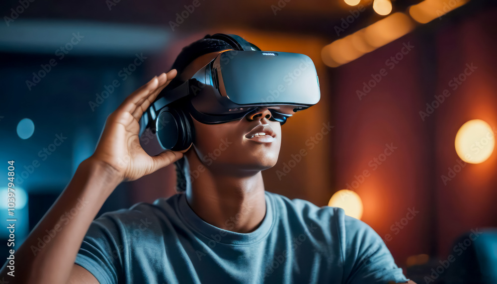 A young men wearing a VR headset plays A young men wearing a VR headset plays