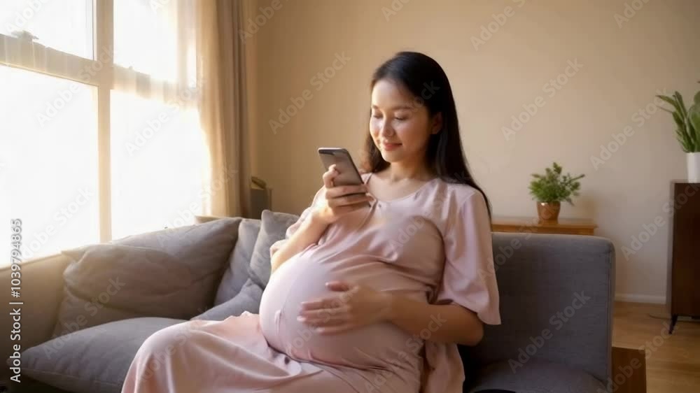 Pregnant woman relaxing at home while using a smartphone in bright natural light Pregnant woman relaxing at home while using a smartphone in bright natural light