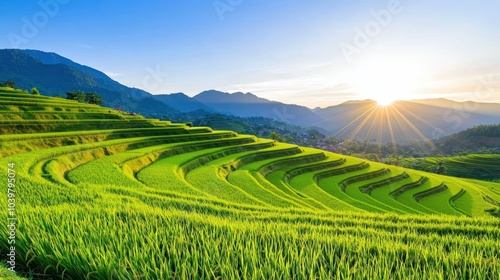 Lush green rice terraces under a bright sunset with mountains in the background.