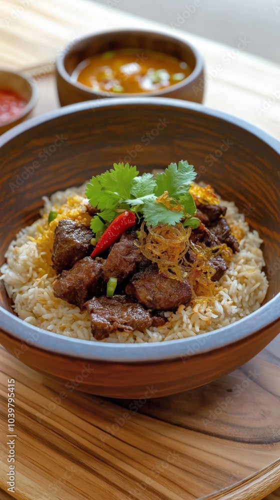 Serving delicious asian food with rice and meat in bowl Serving delicious asian food with rice and meat in bowl