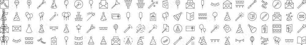 Bundle of Holiday Related Line Icons. Editable Stroke for Design, Web Sites, Apps, Cards. Contains Linear Images of Balloons, Magic Wands, Postcards, Garlands, Holiday Hat Bundle of Holiday Related Line Icons. Editable Stroke for Design, Web Sites, Apps, Cards. Contains Linear Images of Balloons, Magic Wands, Postcards, Garlands, Holiday Hat