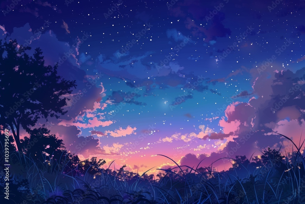Night Sky with Pastel Clouds and Silhouetted Trees. Anime Illustration Style. Night Sky with Pastel Clouds and Silhouetted Trees. Anime Illustration Style.