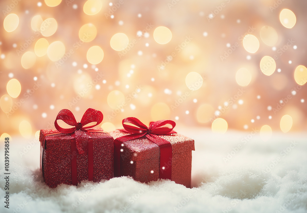 Christmas gift boxes placed on snow with blurry lights in the background. Christmas gift boxes placed on snow with blurry lights in the background.