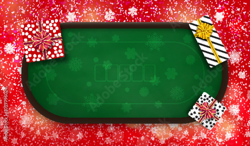 Christmas poker table with gifts and festive background. Vector illustration.