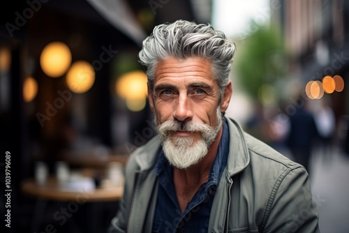 Portrait of a senior man with grey hair and beard in the city.