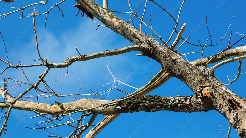 Dry tree branches with blue sky - a serene and natural sight. This image showcases dry tree branches against a beautiful blue sky, creating a sense of tranquility and simplicity Dry tree branches with blue sky - a serene and natural sight. This image showcases dry tree branches against a beautiful blue sky, creating a sense of tranquility and simplicity