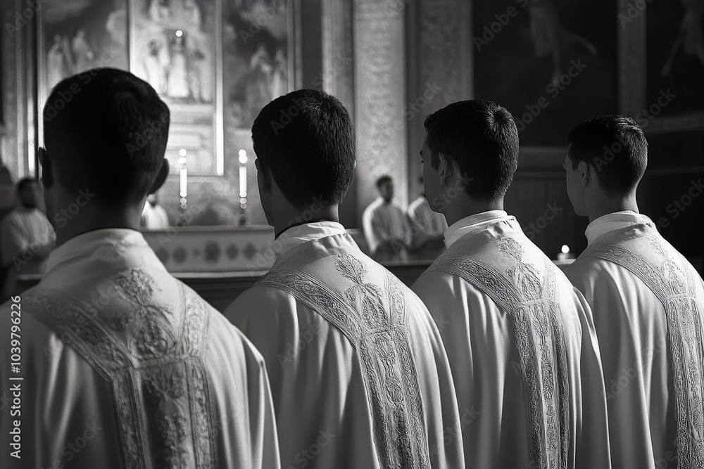 Obraz premium Seminary Clerics in Mass: Religious Young Clerics Praying in Church Interior