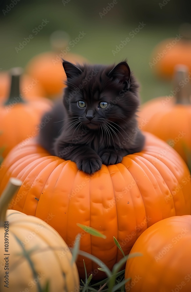A fluffy black kitten sits on a large orange pumpkin A fluffy black kitten sits on a large orange pumpkin
