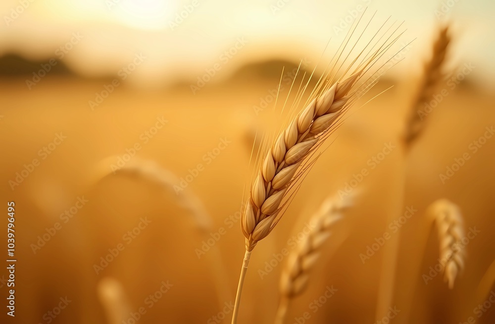 Close-up of wheat ears in a bright wheat field under a blue sky Close-up of wheat ears in a bright wheat field under a blue sky