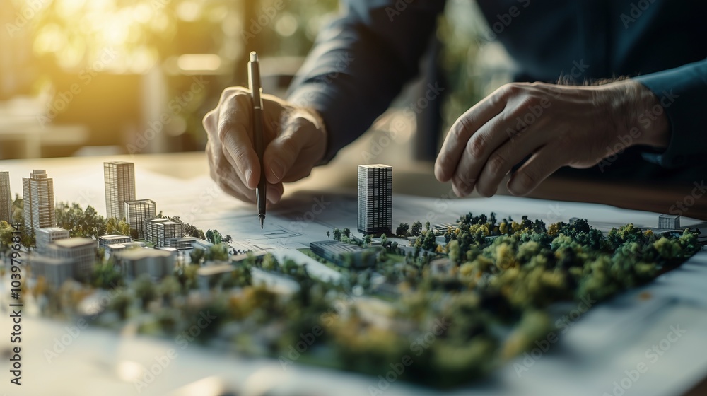 Fototapeta premium Architect designing urban landscape with scale model. Landscape architecture.