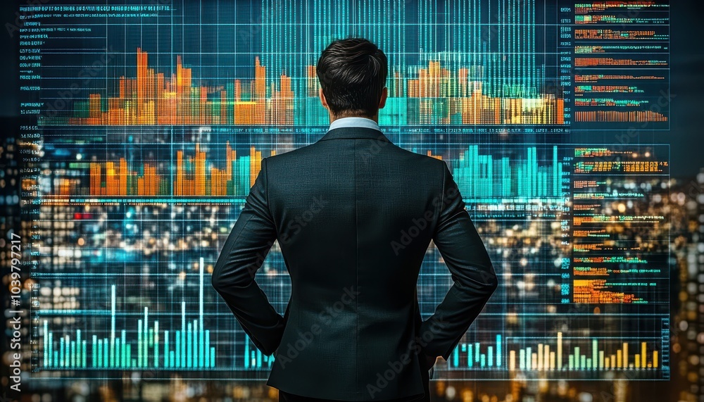 Business professional analyzing financial data against a city backdrop at night Business professional analyzing financial data against a city backdrop at night