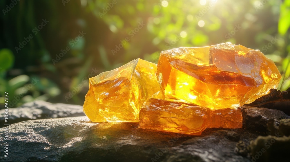 Natural resin displayed in sunlight highlighting healing properties Natural resin displayed in sunlight highlighting healing properties