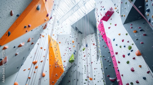 An energetic rock climbing gym with climbing equipment and challenging walls, Climbing enthusiasts tackling vertical ascents in an indoor setting, Adventure sport style photo