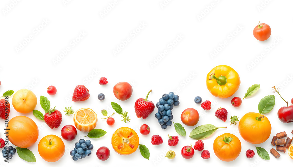 Seamless pattern border with different fruits, vegetables and berries isolated with white highlights, png Seamless pattern border with different fruits, vegetables and berries isolated with white highlights, png