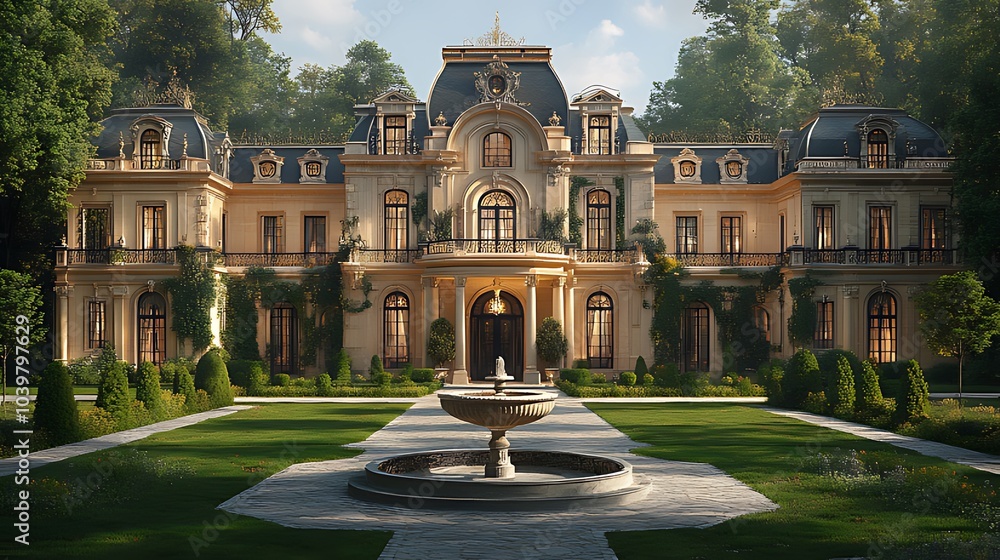 Obraz premium A large, luxurious mansion with a grand entrance, a fountain, and manicured gardens.