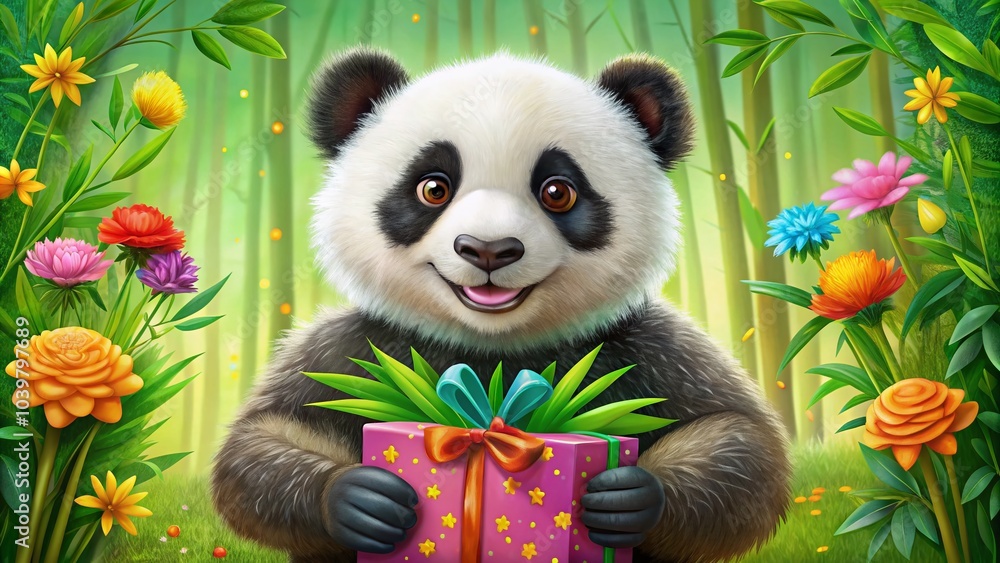 Obraz premium Adorable Panda with Gift Box for Greeting Cards, Posters, and Merchandise