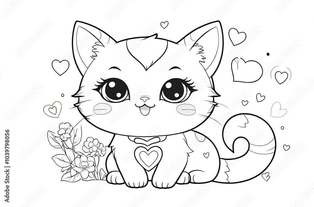 Obraz premium Cute Kawaii Cat with Hearts Coloring Book Page
