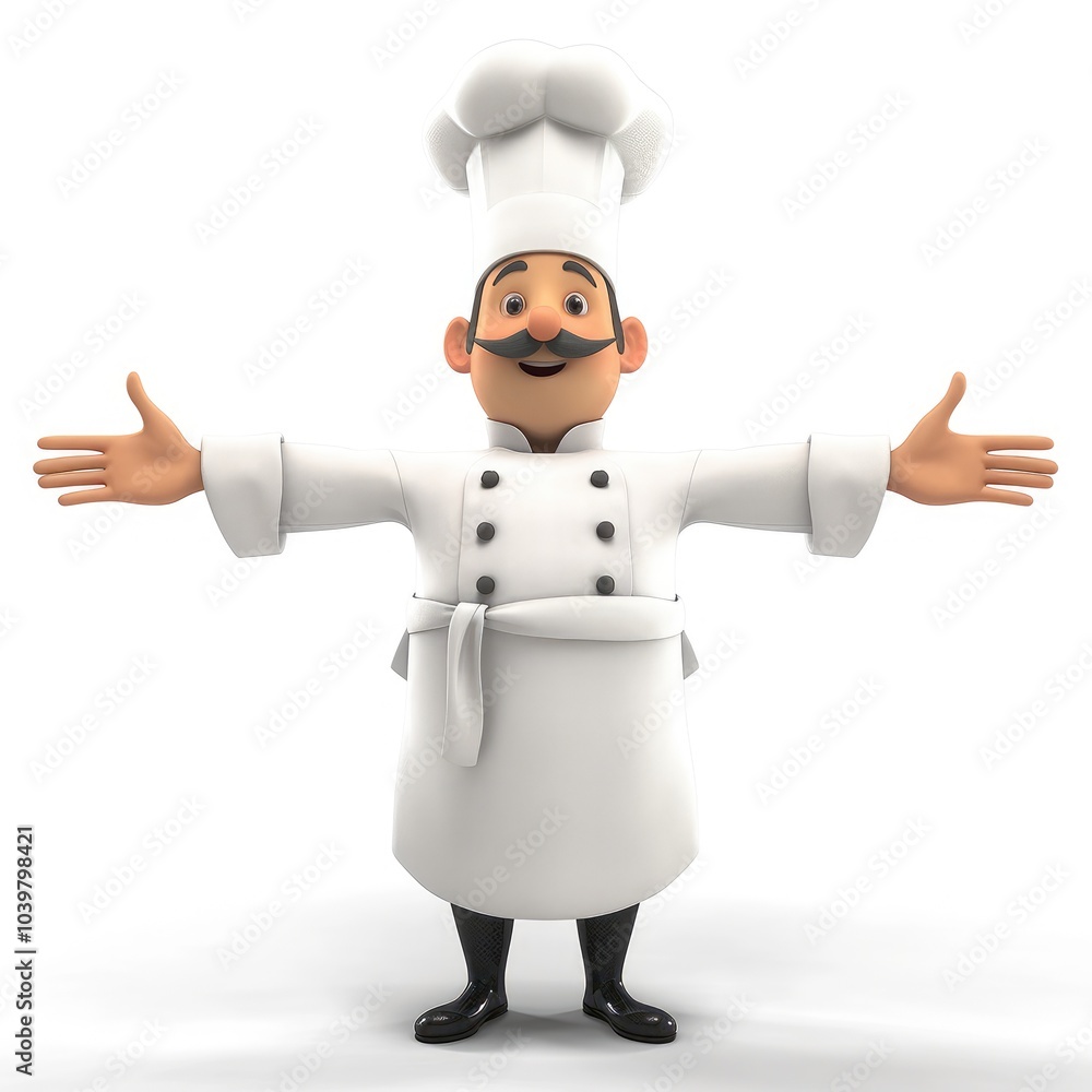 A cartoon chef with a white hat and a big smile, wearing a white chef's jacket and black pants, stands with his arms outstretched in a welcoming gesture. A cartoon chef with a white hat and a big smile, wearing a white chef's jacket and black pants, stands with his arms outstretched in a welcoming gesture.