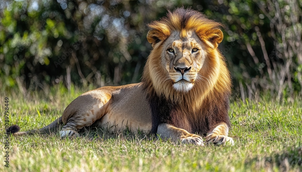 Majestic lion resting on lush grass during sunny afternoon in the savannah Majestic lion resting on lush grass during sunny afternoon in the savannah
