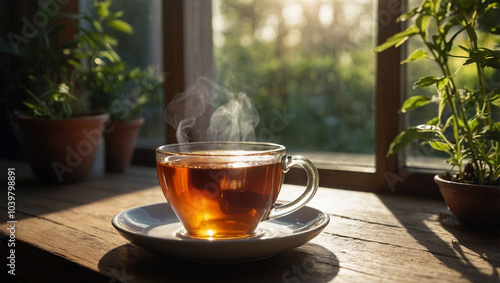 Steaming cup of herbal tea on a windowsill, with morning sunlight streaming in and a peaceful garden view outside.