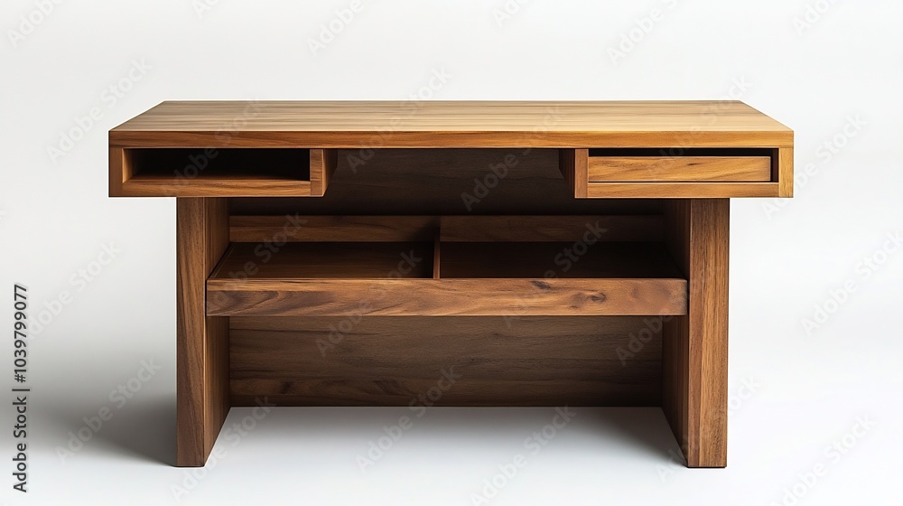 Compact office desk with clean lines and a subtle wood finish featuring storage compartments underneath standing alone on a white background designed for efficient workspace organization Compact office desk with clean lines and a subtle wood finish featuring storage compartments underneath standing alone on a white background designed for efficient workspace organization