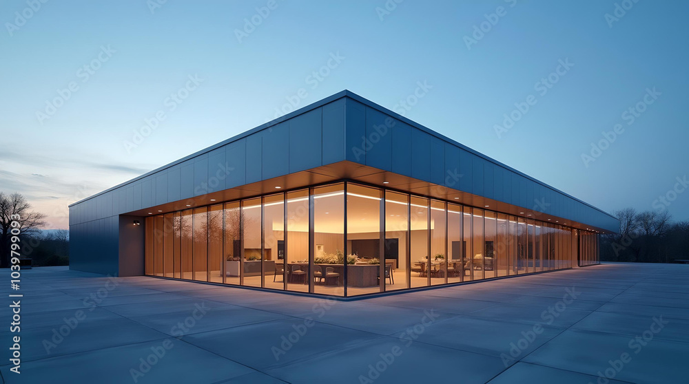 A modern R&D or logistics facility building. Glass hall. A modern R&D or logistics facility building. Glass hall.